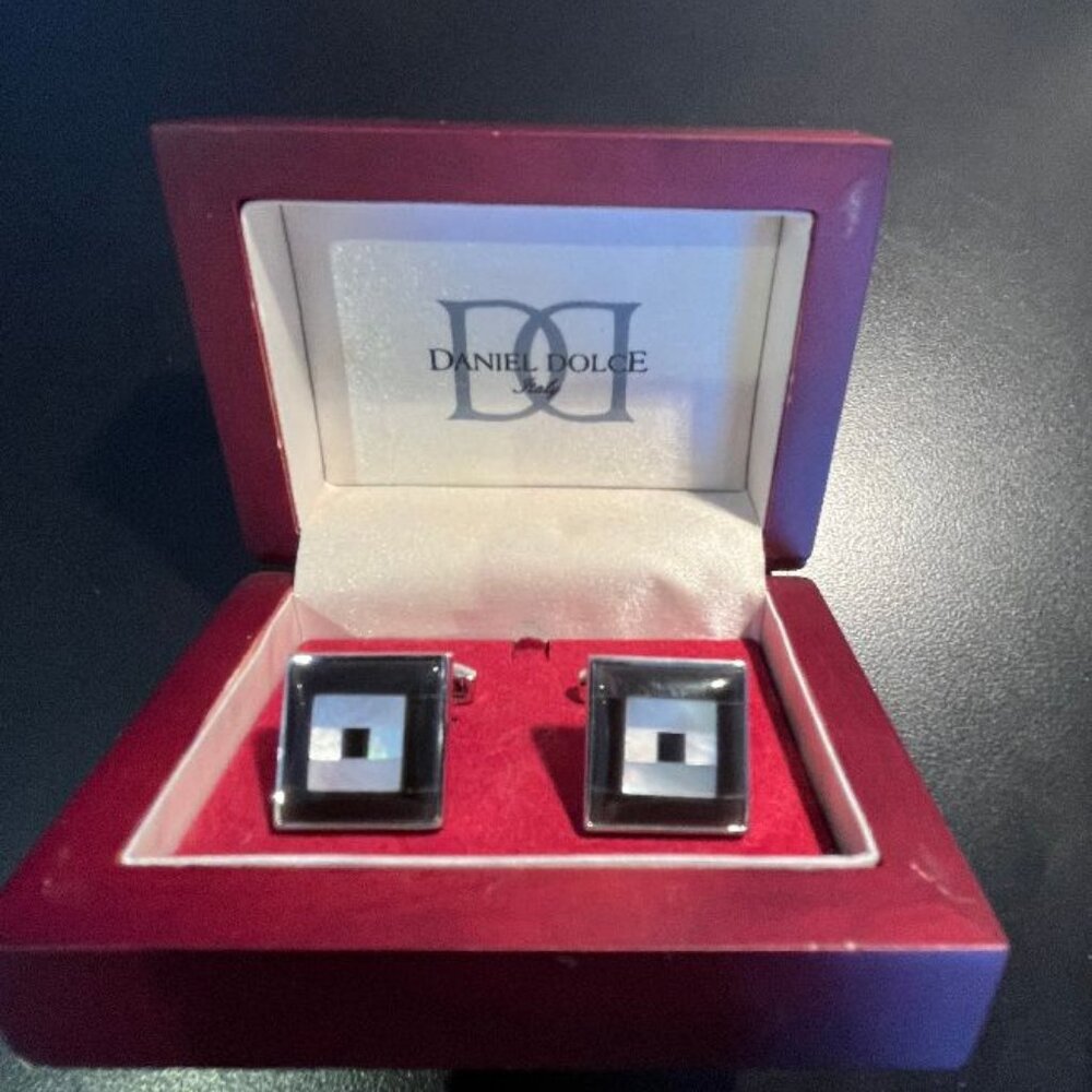 Daniel Dolce Sterling Silver Cuff Links with Mother of Pearl & Black Onyx Inlay